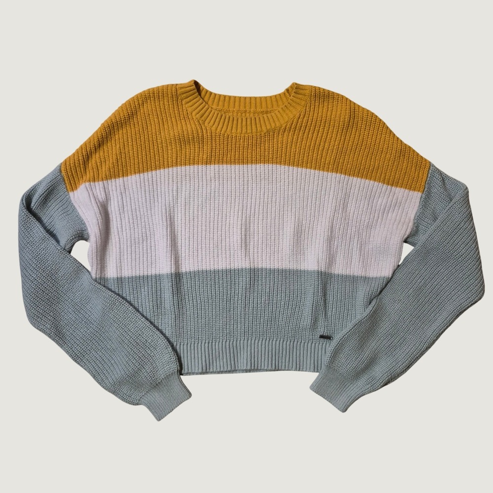 Hollister Colorblock Sweater S Cropped Shaker Knit Dolman Yellow Sage White